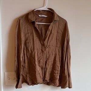 ZARA Chestnut Brown Satin Long-Sleeve V-Neck Blouse